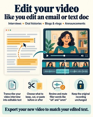 Edit your video like an email or text document: review the transcript, choose passages, mute fillers, and preserve the original recording.